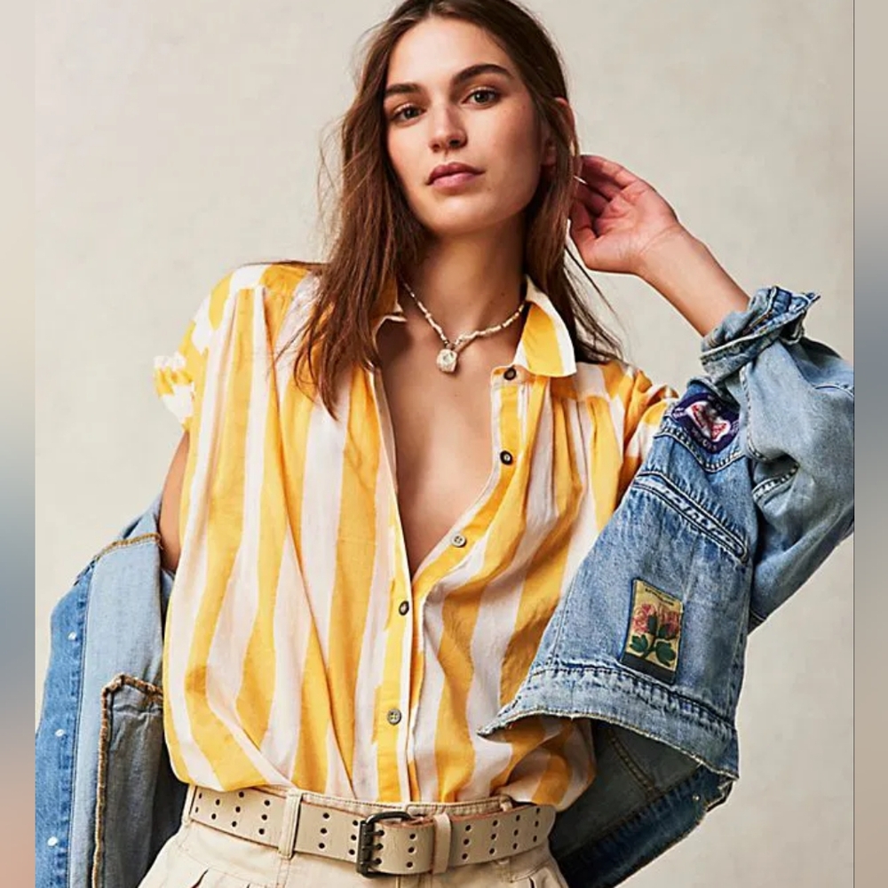 We The Free Yellow and White Striped Button Down Shirt